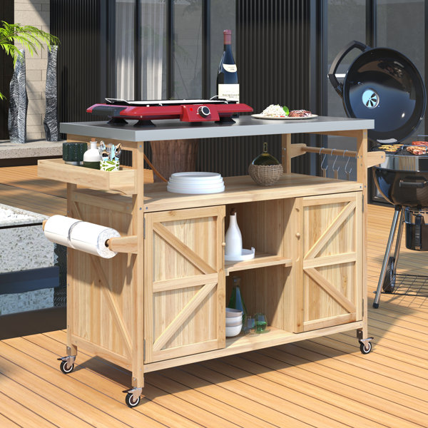 LUBMIA 50'' Outdoor Solid Wood Kitchen Island, Rolling Bar Cart&Storage